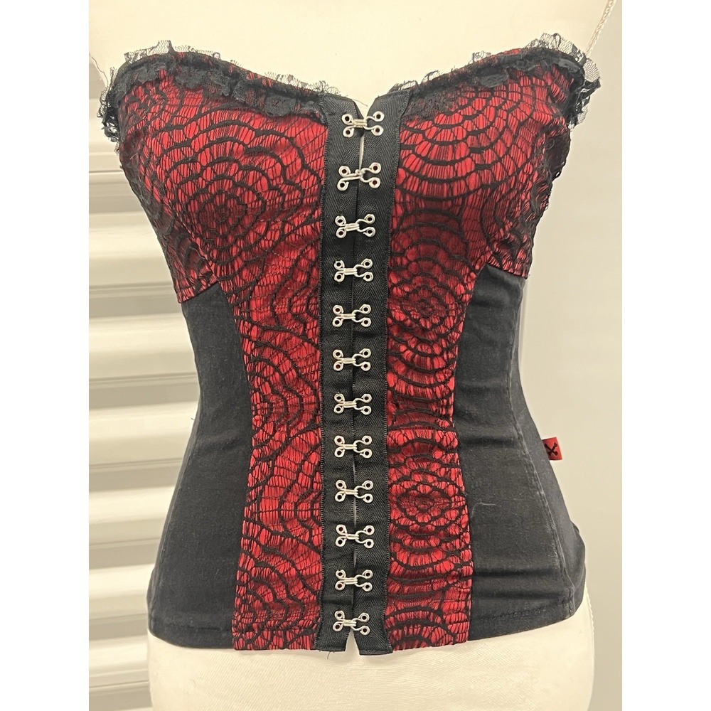 Y2K Royal Bones Gothic Black and Red Lace Corset Top Sz XS